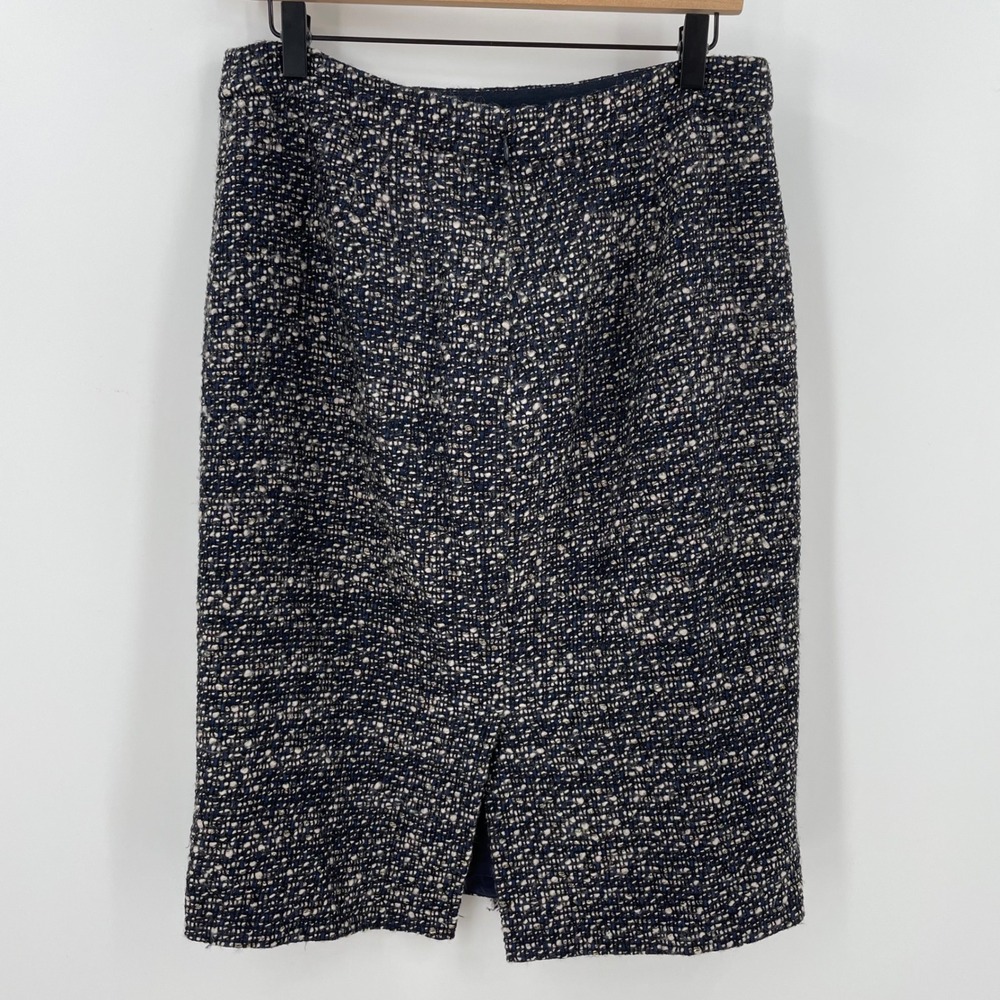 J Crew Womens 8 Navy Metallic Tweed Wool Blend Faux Wrap Pencil Skirt Fringe - Picture 3 of 11